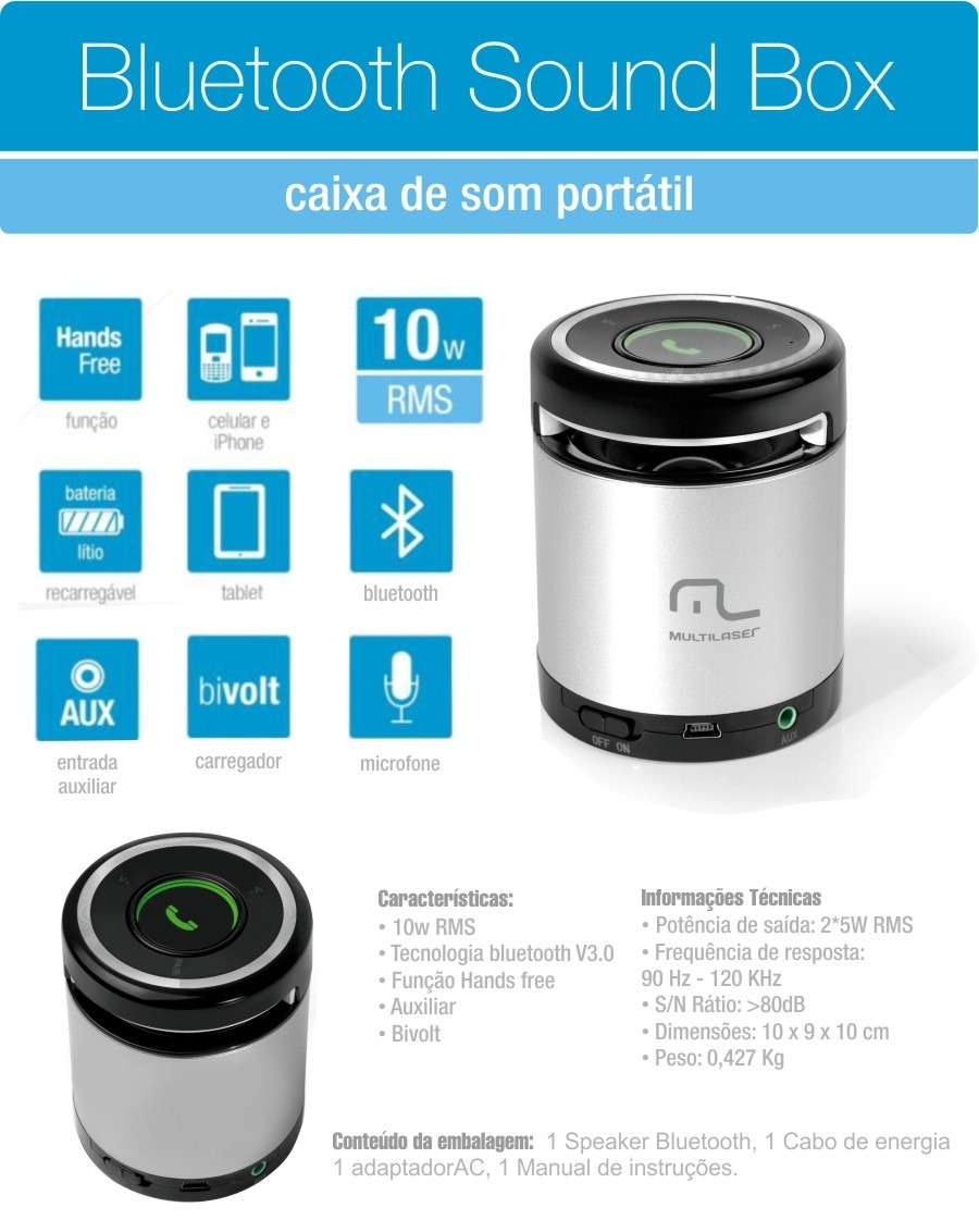 CX SOM PORTATIL BLUETOOTH 10W RMS CINZA (SP155)