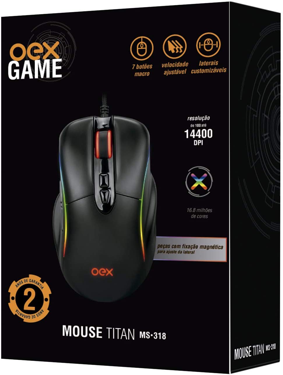 MOUSE USB TITAN 14400DPI RGB 7 BOTOES PRETO MS318