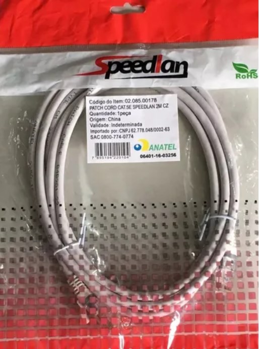 CABO DE REDE-4P- 2 MTS SPEEDLAN CAT5E CINZA