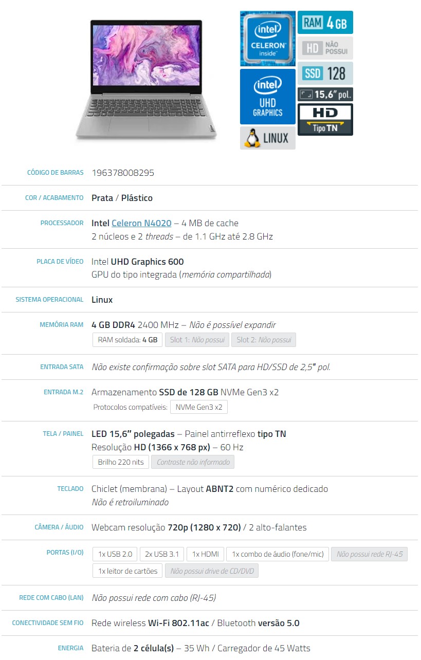 NB. LENOVO IDEAPAD N4020/4GB/128GB SSD/15.6